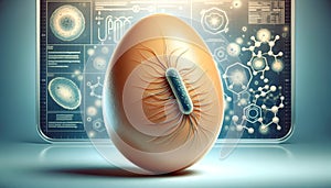 Bacterium on an egg with scientific data background, depicting laboratory analysis. Salmonella Enteritidis photo
