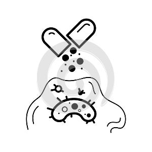 Bacterium resistant to antibiotic black and white flat vector icon