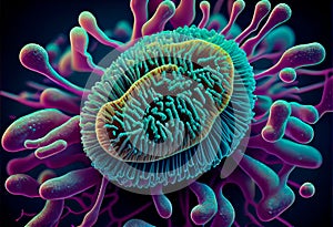 bacterium under a microscope, showing its details and structure.