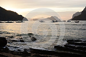 Bacuit archipelago at sunset. View from El Nido. Palawan. Philippines