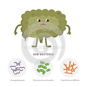 Bad bacteria concept illustration, sick intestine cartoon character isolated on white background. Gut dysbiosis with photo