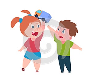 Bad behavior. Brother and sister quarrel. Girl teases boy with toy. Isolated children arguing. Conflicts between older