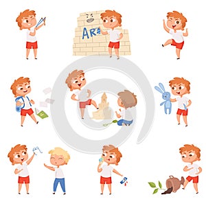 Bad behavior kids. School sad boys and girls angry devil little persons vector characters