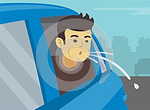 Bad behavior on roads. Close-up of a young male passenger spitting on road.