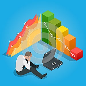 Bad Businessman. Depressed Businessman Leaning His Head Below a Bad Stock Market Chart.