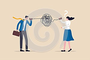 Bad communication, misunderstanding create confusion in work, miscommunicate unclear message and information concept, businessman