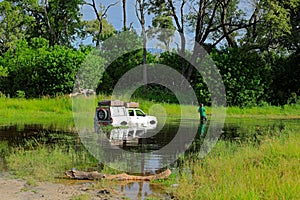 Bad day in Africa. Safari car drowned in river Khwai, Moremi, Okavango delta in Botswana. Travel holiday in Africa durrinf green s