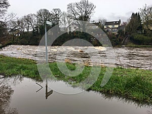 Bad flooding on the River Wharfe in Otley, Leeds, UK photo