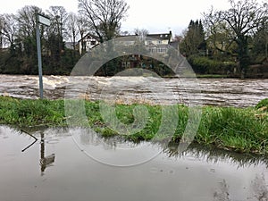 Bad flooding on the River Wharfe in Otley, Leeds, UK
