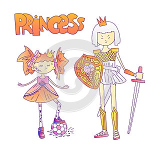 Bad girl cute cartoon illustration. Bad girl and princess warrior, feminist cartoon concept illustration. Bad tomboy