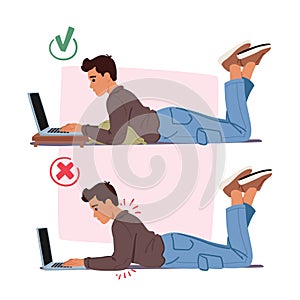 Bad and Good Body Poses while Working with Laptop. In The Wrong Posture, Man Slouches, Straining The Back