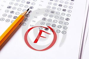 Bad grade F is written with red pen on the tests photo