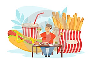 Bad Habit with Fat Man Addicted to Fast Food Sitting and Eating at Table Vector Illustration