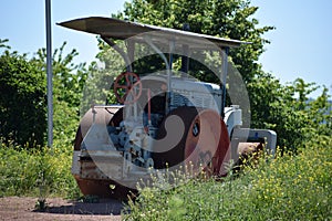 Bad Kreuznach, Germany - 06 14 2021: old road works machinery a traffic circle