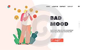 Bad Mood Landing Page Template. Cyber Bullying, Abuse, Social Attack, Bully Hate. Girl Character Crying with Smartphone