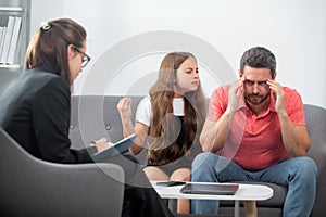 Bad parents. Psychology, mental family therapy, psychologist with father and daughter at psychotherapy session on
