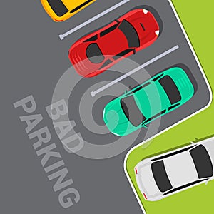 Bad parking car top view. Wrong parking area traffic road rules, flat vector car