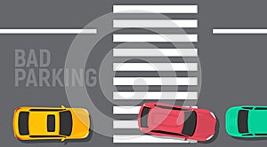 Bad parking car top view. Wrong parking area traffic road rules, flat vector car