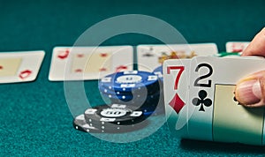 Bad poker gamble or unlucky hand concept with player going all in with 2 and 7 two and seven offsuit also called unsuited,