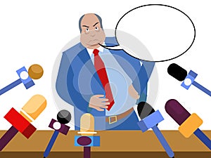 Bad politician, corrupt official gives interviews to journalists. In minimalist style. Flat isometric vector isolated on