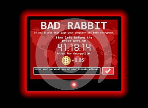 Bad rabbit ransomware computer virus encrypter cyber attack screen illustration