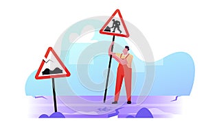 Bad Road Concept Worker Male Character Wear Overalls Set Up Sign for Asphalt Under Maintenance or Construction