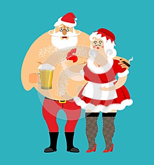 Bad Santa and Mrs. Claus isolated. drunk Christmas family. Woman