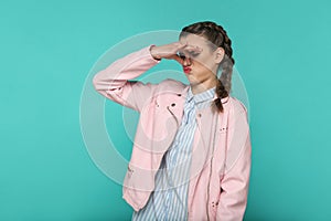 Bad smell gesture. portrait of beautiful cute girl standing with