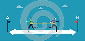 Bad team work, organization and miscommunication leading to failure for all, two businessmen run on arrow opposite directions