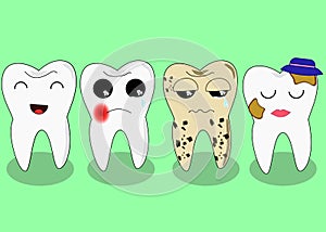 Bad teeth company. Problematic sick and unhealthy teeth concept. Funny cartoon characters. Vector illustration