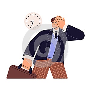 Bad time management. Sad worker looking on clock, hurry to office. Business employee late to work. Problems with