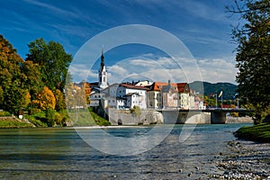 Bad Tolz - picturesque resort town in Bavaria, Germany in autumn and Isar river