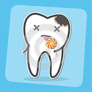 Bad tooth with caries cavity and lollipop.