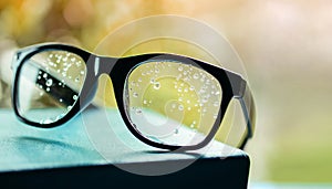 Bad Vision Concept. Many Droplet on Eyeglasses interrupted Human`s Eyes to Seeing or Decision