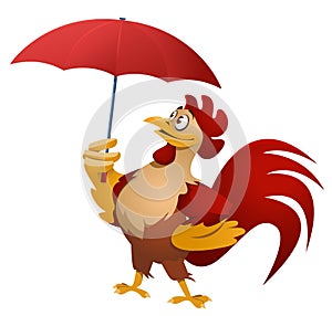 Bad weather. Funny red rooster with umbrella.