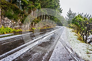 Bad weather with snow at the road to Pico Ruivo, Madeira photo