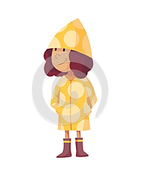Bad windy rainy weather funny cartoon people icon. Girl in raincoat and rubber boots standing under rain. Character with