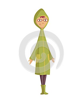 Bad windy rainy weather funny cartoon people icon. Man in raincoat standing under rain. Character with rainwear clothes