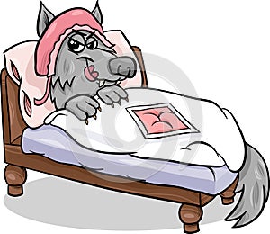 Bad wolf in bed cartoon illustration