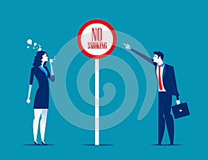 Bad woman office worker smoking near sign no smoke. Concept business vector illustration.