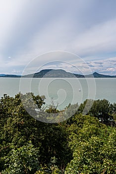 Badacsony hill, famous vine region in Balaton Highland, Hungary. View from Fonyod city