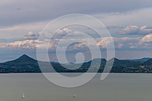 Badacsony hill, famous vine region in Balaton Highland, Hungary. View from Fonyod city