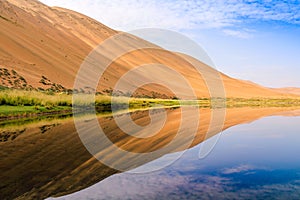 Badain Jaran Desert with lake and reflection