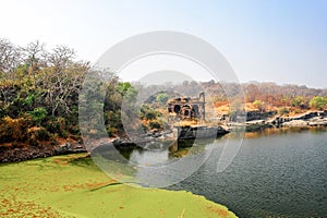 Badal Mahal or Palace of the Clouds, Ranthambore National Park. Ancient ruins, calm lake, nature landscape