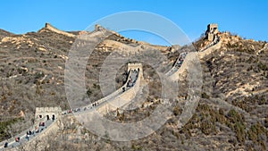 Badaling, panorama of the great Chinese wall built by hand in the mountains, wonder of the world