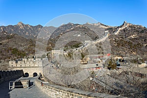 Badaling, panorama of the great Chinese wall built by hand in the mountains, wonder of the world