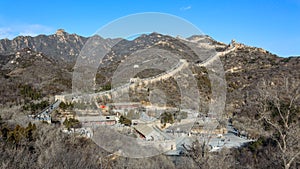 Badaling, panorama of the great Chinese wall built by hand in the mountains, wonder of the world