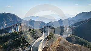 Badaling, panorama of the great Chinese wall built by hand in the mountains, wonder of the world