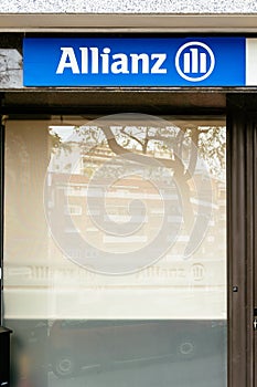 Badalona, Barcelona, Spain - March 6, 2021. Allianz Group logo and facade is a German multinational financial services company