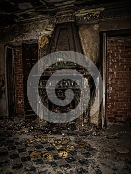 BADALONA, SPAIN - Sep 19, 2020: Urbex fireplace in a House abandoned